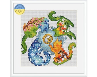 Four Seasons Cats PDF cross stitch pattern - Cat cross stitch - Cat Lover Gift - 4 Seasons counted pattern - Nature embroidery pdf chart