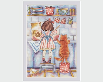 Little Cook with helper PDF cross stitch patterns - Little Girl cross stitch chart - Children embroidery pdf chart - Ginger cat cross stitch