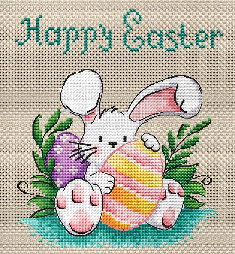 Happy Easter PDF Cross Stitch Pattern - Easter Bunny Counted Cross ...