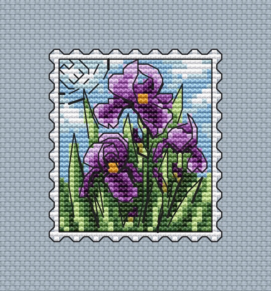 Purple Iris Flower PDF Cross Stitch Pattern - Post Stamp Embroidery ...