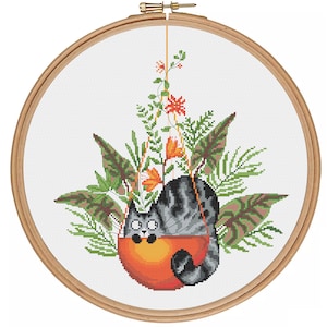 Funny cat in the pot with plants - PDF cross stitch pattern - Cat Lover Gift