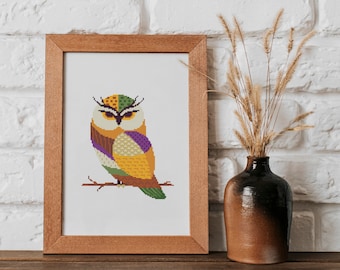 Kleurrijke Uil PDF-kruissteekpatronen - Leuke geometrische vogel Geteld kruissteekdiagram - Modern borduurwerk pdf-diagram - Uil eenvoudig patroon