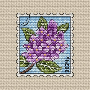 Patrón de punto de cruz PDF de flor lila - Bordado de sello postal - Punto de cruz de flores moradas - Gráfico pequeño contado - Sello postal