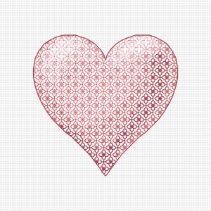 May include: A heart-shaped design with a detailed floral pattern in shades of pink and rose. The pattern is densely packed, creating a gradient effect from light to dark. The background is a white, dotted fabric.