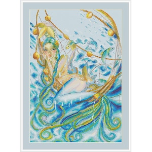Mermaid in nets PDF cross stitch patterns - Sea Princess embroidery - Girl counted pdf chart - Girl cross stitch - Fairy tale chart