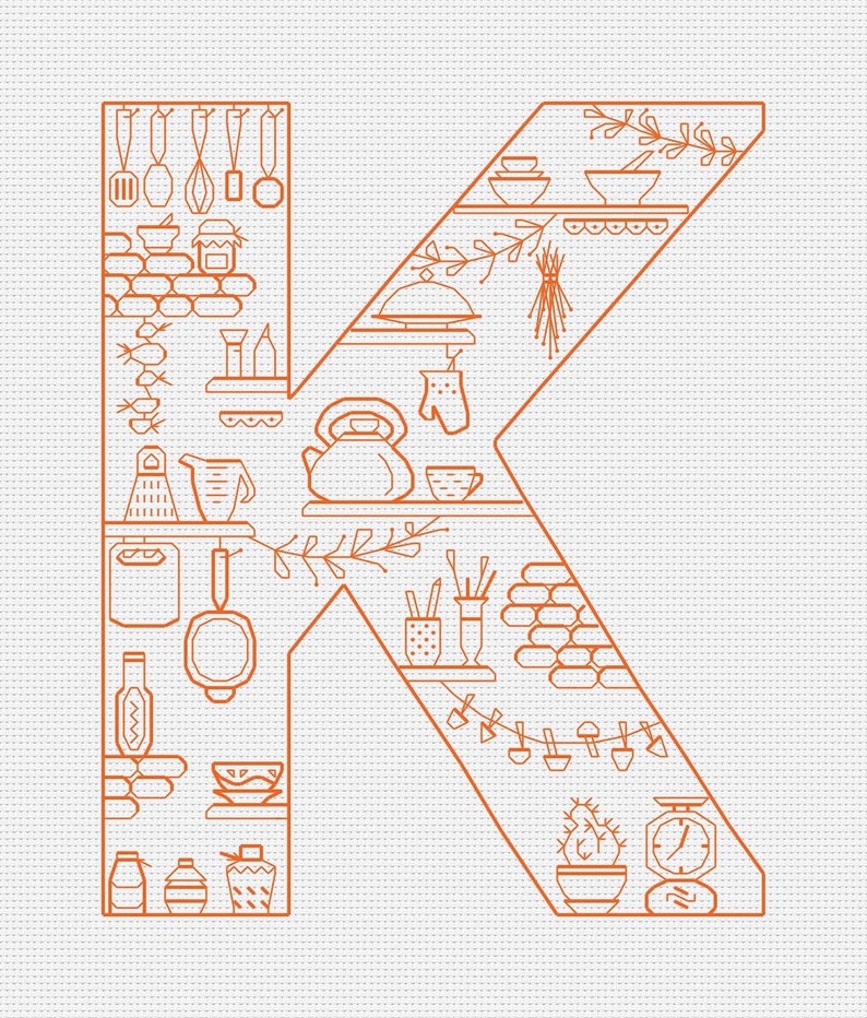 Kitchen Letter Design Kitchen Letter K PDF Cross Stitch Pattern - Blackwork Monogram K - Cozy ...