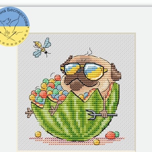 Summer mood PDF cross stitch pattern - Dog and watermelon - Dog Lover Gift - Pets counted chart - Summer dog embroidery