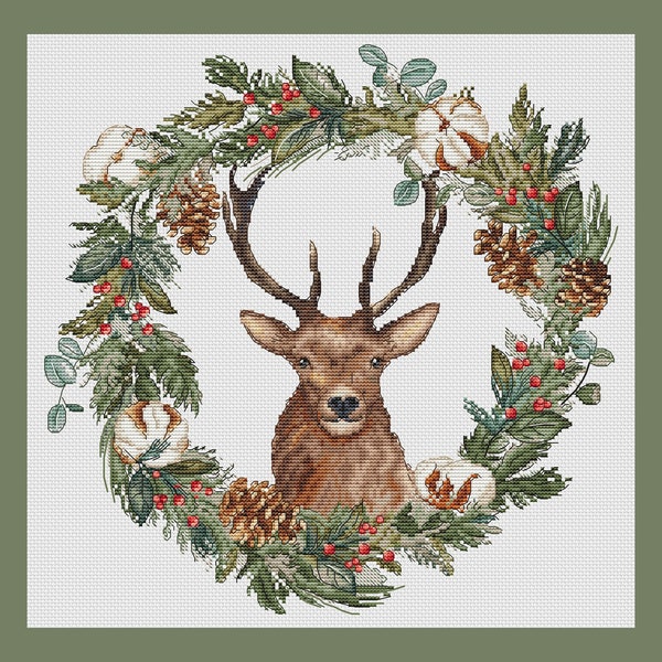 Christmas Wreath with a Deer PDF cross stitch pattern - Winter cotton wreath perfect for pillow x-stitch chart - Deer counted pdf pattern