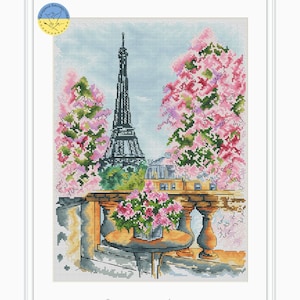 Spring in Paris PDF cross stitch patterns - Charming Paris counted cross stitch - Paris France Eiffel Tower City Scene