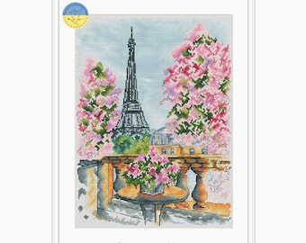 Spring in Paris PDF cross stitch patterns - Charming Paris counted cross stitch - Paris France Eiffel Tower City Scene
