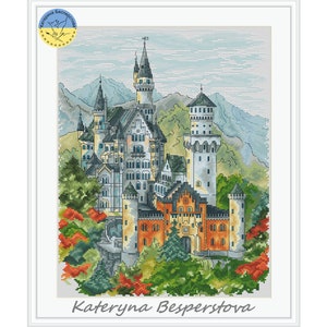 Kasteel Neuschwanstein PDF kruissteekpatroon - Assepoester kasteel kruissteekpatroon - London bridge borduurwerk - Stadsscène patroon