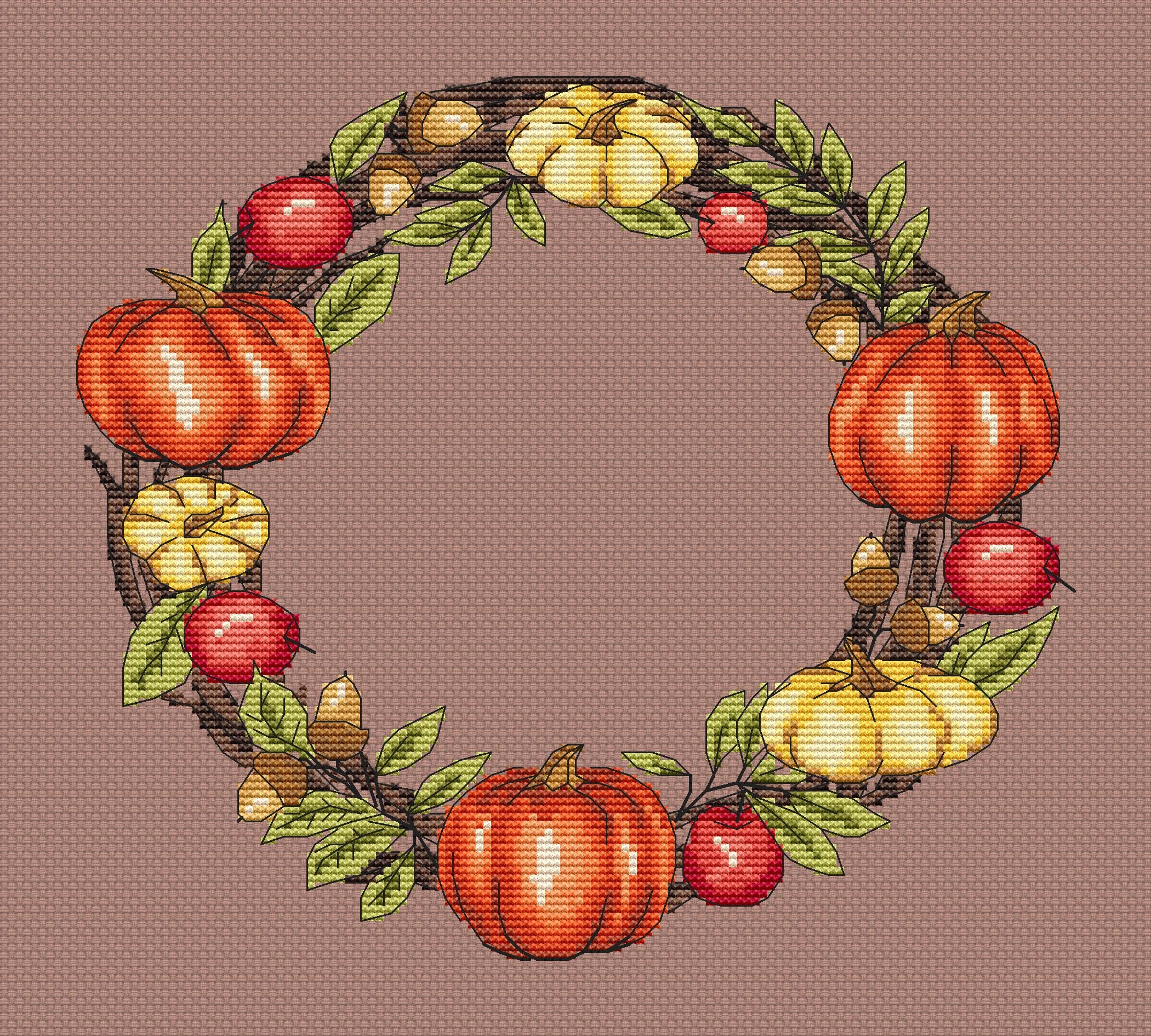 Autumn Harvest Wreath PDF Cross Stitch Pattern - Pumpkins - Golden ...