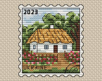 Village Hut PDF cross stitch pattern - Post stamp embroidery - Summer cottage cross stitch - Summer Ukraine counted pdf - Postage Stamp