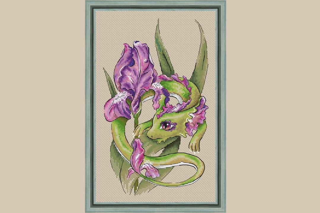 Iris Dragon PDF Cross Stitch Pattern - Green Dragon in Flowers - Dragon ...