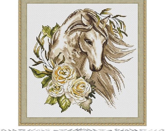 Horse and flowers PDF cross stitch pattern - Horse counted pdf chart - Horse embroidery chart - Roses cross stitch chart