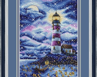 Star Lighthouse - PDF cross stitch pattern - Beautiful Lighthouse embroidery - Night Sky counted pdf pattern - Sea counted pdf chart