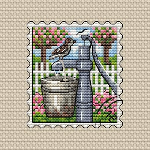 Pequeño pájaro gris Sello postal Patrón de punto de cruz PDF - Gráfico de bordado de pájaros - Gráfico de punto de cruz del sello postal de primavera - Gráfico descargable