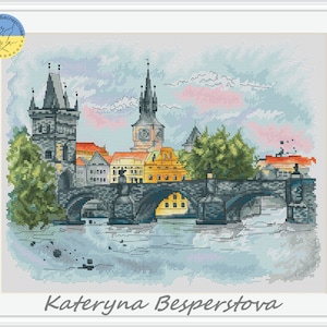 Mystical Prague PDF cross stitch pattern - Charles Bridge cross stitch pattern -  Prague embroidery - City Prague counted PDF chart