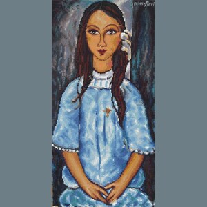 Portrait of Alice PDF cross stitch pattern - Portrait of girl in blue dress embroidery - Amedeo Modigliani counted pdf chart