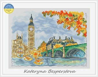 London Tea time PDF cross stitch pattern - London cross stitch pattern -  London bridge embroidery - City scene counted PDF chart