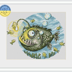 Funny Anglerfish - PDF cross stitch pattern - Fish with a light - Deep sea creepy fish cross stitch - Gift For Fishermen - Funny fish