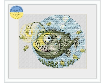 Funny Anglerfish - PDF cross stitch pattern - Fish with a light - Deep sea creepy fish cross stitch - Gift For Fishermen - Funny fish