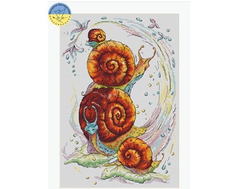 Snail Family PDF cross stitch pattern - Funny Snail counted cross stitch - Cute Snail embroidery