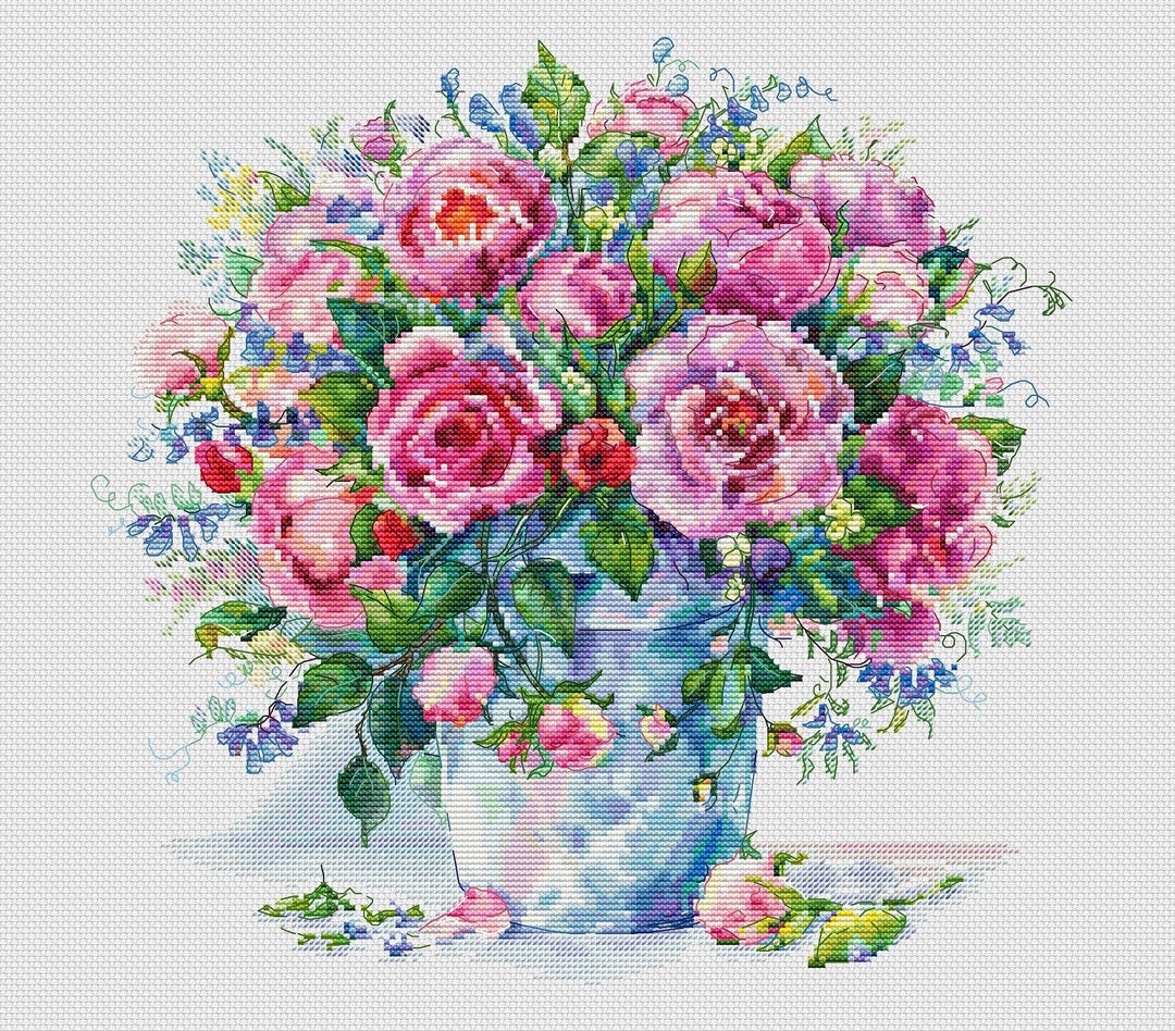 Bouquet of Roses PDF Cross Stitch Pattern - Pink Flowers Counted Cross ...