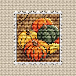 Patrón de punto de cruz PDF de cosecha de otoño - Punto x de tres calabazas - Bordado de otoño - Gráfico contado de sellos postales