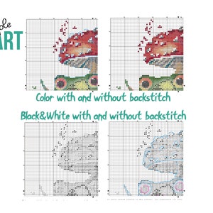 May include: Cross-stitch chart with a colorful mushroom and frog design. The image includes color and black and white versions, with and without backstitch. Text reads "Example Chart".