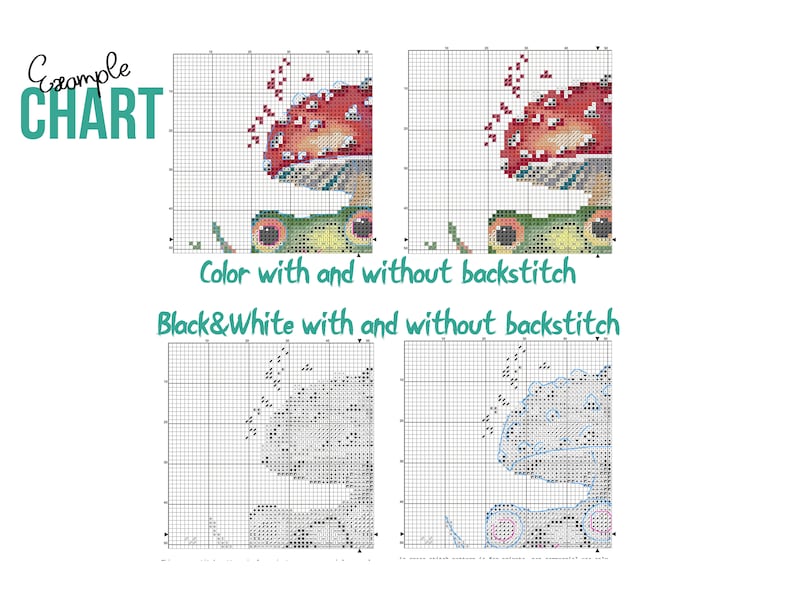 May include: Cross-stitch chart with a colorful mushroom and frog design. The image includes color and black and white versions, with and without backstitch. Text reads "Example Chart".