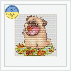 May include: A cross-stitch pattern of a pug dog with a playful expression, holding a red and orange leaf in its mouth. The dog is surrounded by fallen leaves in shades of orange, yellow, and brown, suggesting an autumnal setting.