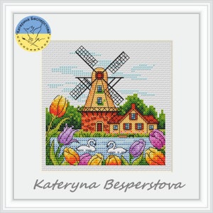 Mill in the tulip field - PDF cross stitch pattern - Mill embroidery - Holland counted pdf pattern - Mill counted pdf chart