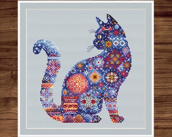 Winter Magic Cat PDF cross stitch pattern - Geometric Ornament Winter counted cross stitch chart - Blue Red cat silhouette outline x-stitch