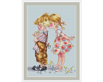 Boy and Girl guessing on chamomile PDF cross stitch patterns - Children cross stitch chart - Cute Kids embroidery pdf chart