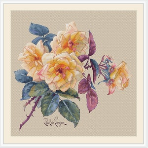 Yellow roses PDF cross stitch pattern - Yellow Flower cross stitch - Beautiful bouquet embroidery chart - Tea roses counted pdf chart