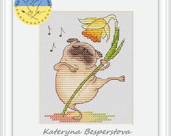 Pug with narcissus PDF cross stitch pattern - Funny Dog with yellow flower - Dog Lover Gift - Pets - Cute dog chart - Spring dog embroidery