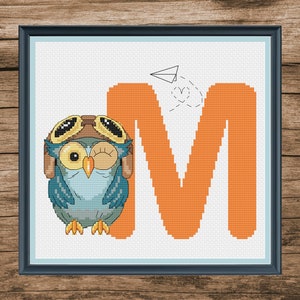 Owl Children Monogram letter M - PDF cross stitch pattern - Alphabet counted cross stitch chart