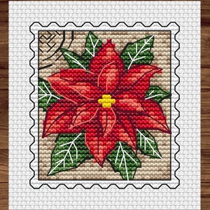 Winter Rode Bloem Postzegel PDF kruissteekpatroon - Poinsettia bloemenkaart - Postzegel kruissteekkaart - Downloadbare PDF-kaart