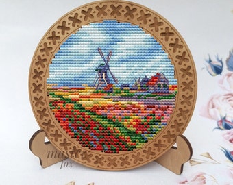 Tiny PDF cross stitch pattern - Tulip Fields Claude Monet embroidery - Miniature counted pdf chart - Mini pattern Claude Monet