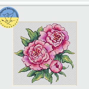 Pink Peony flower PDF cross stitch pattern - Pink Peonies flowers embroidery - Peonies flowers cross stitch - Peonies counted chart