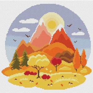 Herfst vier seizoenen landschap PDF kruissteekpatroon - Herfst kruissteek - 4 seizoenen geteld patroon - Natuur borduurwerk pdf-grafiek