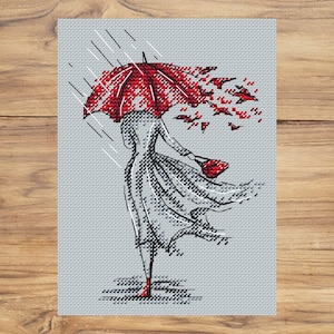 Woman silhouette PDF cross stitch patterns - Girl Silhouette counted pdf chart - Red umbrella embroidery - Autumn chart - Woman xstitch