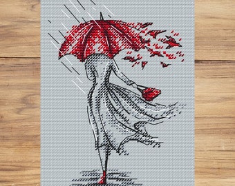 Woman silhouette PDF cross stitch patterns - Girl Silhouette counted pdf chart - Red umbrella embroidery - Autumn chart - Woman xstitch
