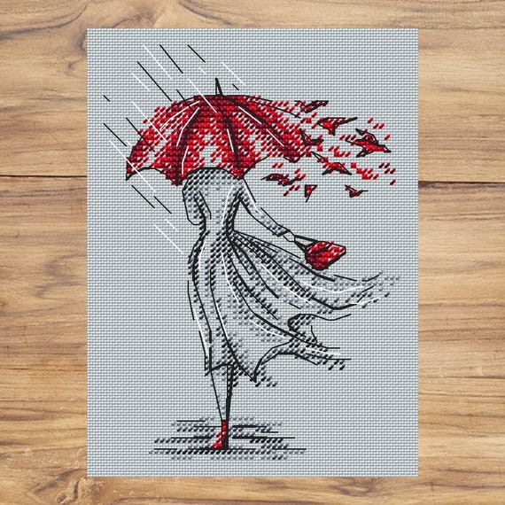 Silueta de mujer PDF patrones punto de cruz Silueta de niña tabla de pdf  contado Bordado de paraguas rojo Tabla de otoño Punto de cruz de mujer -   México