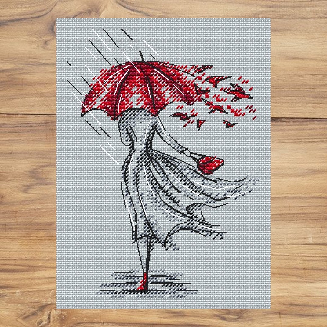 Woman silhouette PDF cross stitch patterns - Girl Silhouette counted pdf chart - Red umbrella embroidery - Autumn chart - Woman xstitch