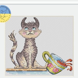 Mischievous Cat PDF cross stitch pattern - Cute Cat cross stitch - Cat Lover Gift - Cat & falling mug counted pattern - Cat embroidery chart