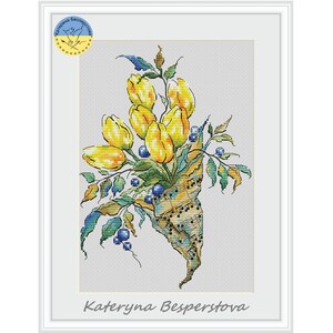 Spring Melody Tulips PDF patrón de punto de cruz - Punto de cruz de tulipanes - Gráfico contado de ramo de primavera - Gráfico de tulipanes amarillos - Gráfico de música pdf