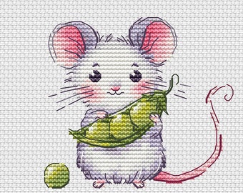 Cute Little mouse with green peas - PDF cross stitch mice pattern  Mouse collection Cross Stitching Animals Embroidery Baby Motif