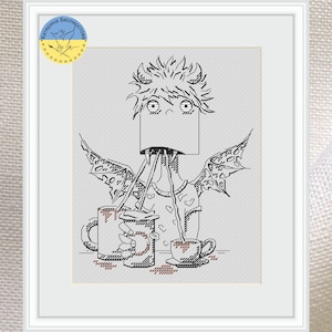 Morning Monster PDF Cross Stitch Pattern - Needlepoint Pattern Embroidery Chart Printable - Funny Monster counted pdf chart - Creepy monster